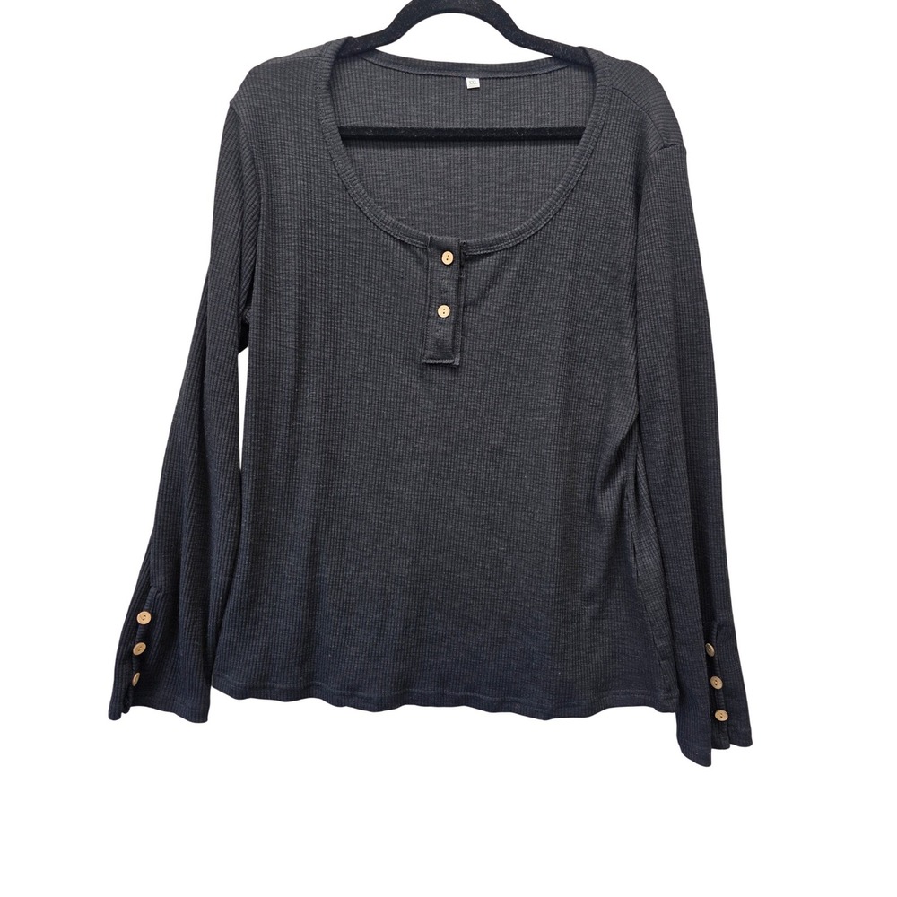 Womens Black Waffle Knit Henley Long Sleeve Top Button Cuff Scoop Neck XL